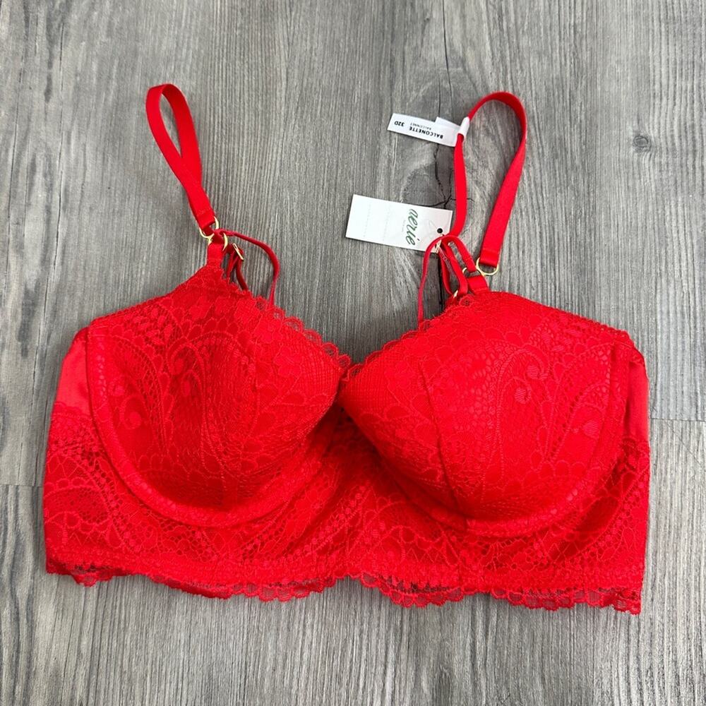 Aerie Real Power Lace Strappy Balconette Bra in Red NWT size 32D